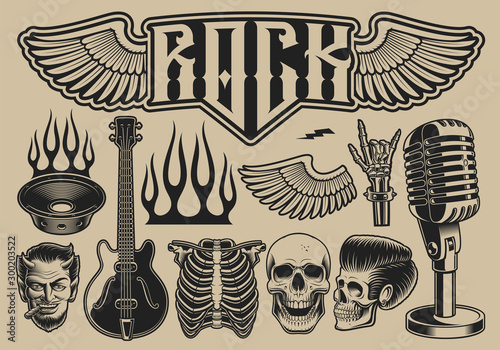 Set of vector illustrations on the theme of rock roll on a light background photo