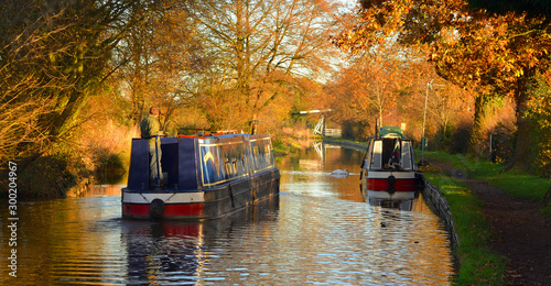  Narrow boats  on the Llangollen canal, at Wrenbry  boats and reflections in Autumn photo