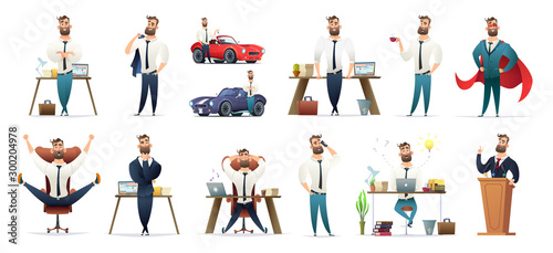  Bearded charming business men in different situations and poses. Manager character design. Businessman collection.