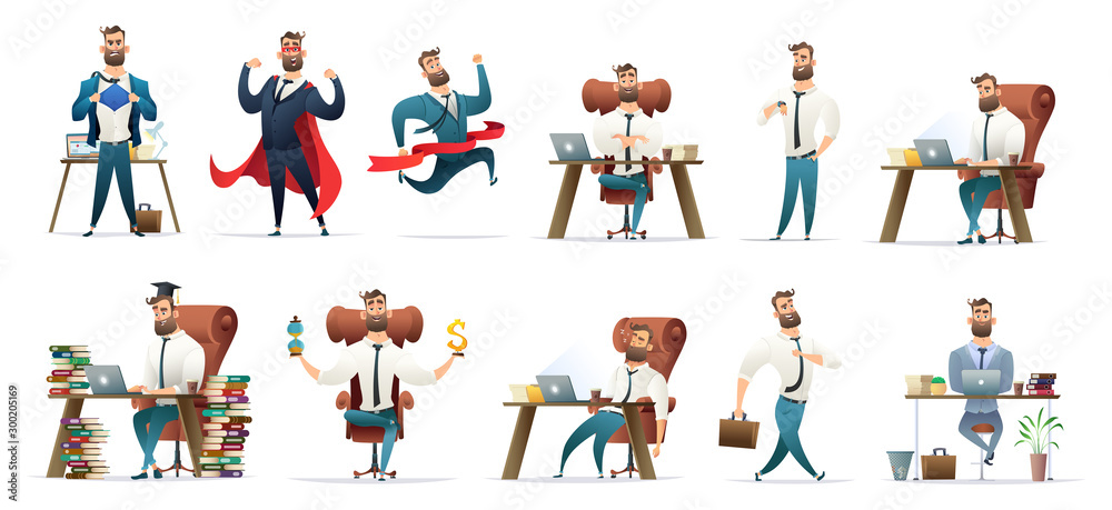  Bearded charming business men in different situations and poses. Manager character design. Businessman collection.