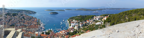 Panoramic view from the Spanish fortress, in the Hvar town. Views of the city and Pakleni Islands (Paklinski). Hvar Island, Dalmatian Region, Adriatic Sea, Croatia.