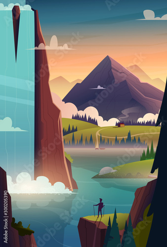 Modern cartoon poster of waterfall and lake in the mountains at sunrise with silhouette of human on rock in front.