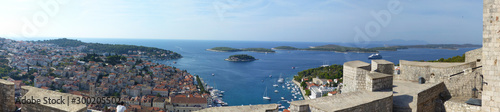 Panoramic view from the Spanish fortress, in the Hvar town. Views of the city and Pakleni Islands (Paklinski). Hvar Island, Dalmatian Region, Adriatic Sea, Croatia.