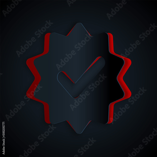 Paper cut Approved or certified medal with ribbons and check mark icon isolated on black background. Paper art style. Vector Illustration