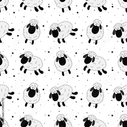 seamless sweet dreams sheep funny animal pattern on white background for fabric, textile, paper, wallpaper, wrapping or greeting card. vector illustration.
