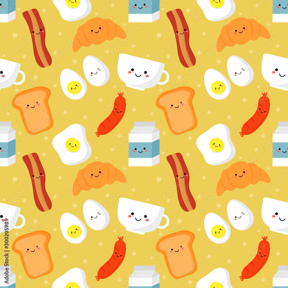 seamless pattern funny breakfast food and drinks characters kawaii style isolated on cream background. illustration vector.