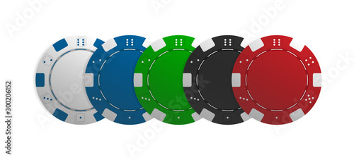 Poker chips. Vector illustartion of five realistic casino tokens isolated on white background.