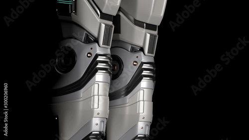 Complete close-up view of futuristic robot man. Camera moving from the bottom to the top showing 3d rendered parts of cyborg design with alpha channel.