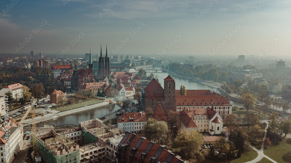 Aerial view of Wroclaw on a sunny misty autumn morning