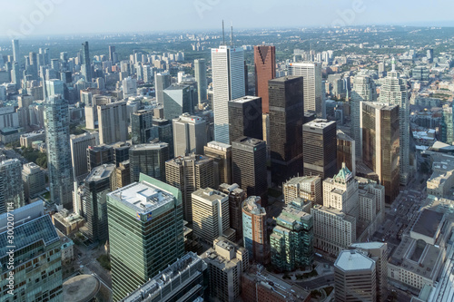 Aerial view of Toronto City Skyscrapers, Looking northeast from top of CN Tower toward East York and Scarborough districts in summer, Union Station at bottom right. Toronto City, Ontario, Canada photo