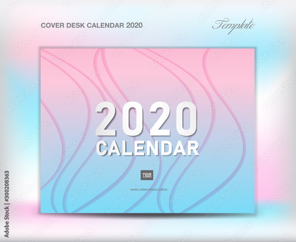 Cover Desk Calendar 2020 template on paper cut abstract background, Cover Design, flyer template, annual report, brochure, booklet, book cover, wave background, trendy pastel color, creative idea