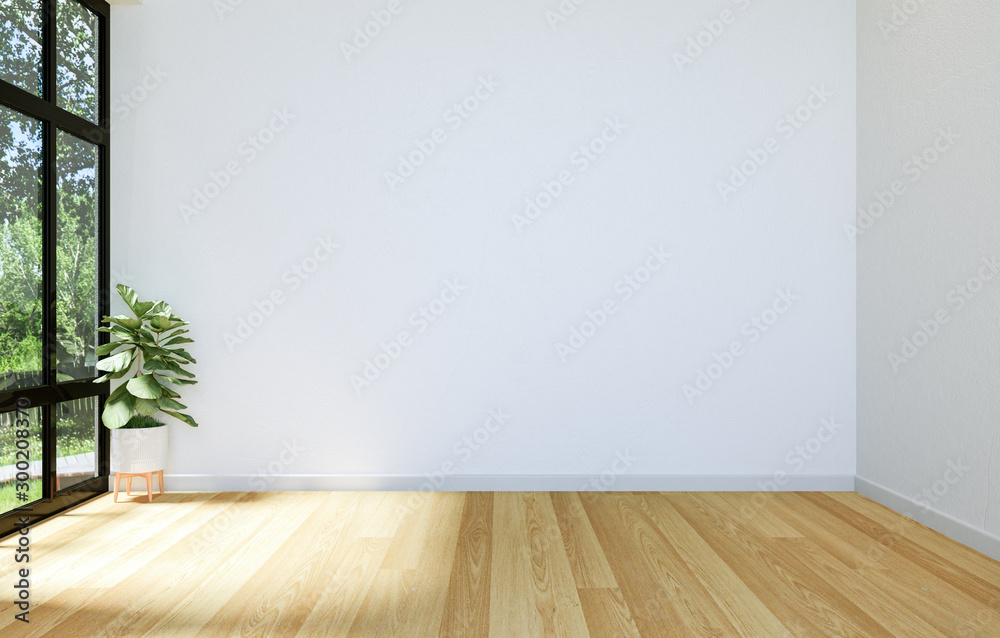 Interior of Modern Empty Hall Open Space with Large Window and Hardwood Floor, 3D Rendering Interior of Modern Empty Hall Open Space with Large Window and Hardwood Floor, 3D Rendering