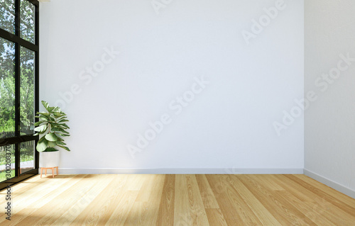 Interior of Modern Empty Hall Open Space with Large Window and Hardwood Floor  3D Rendering