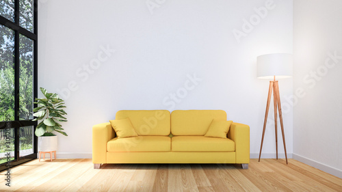 White Living Room Interior with Wooden Floor and Copy Space on Wall for Mock Up, 3D Rendering