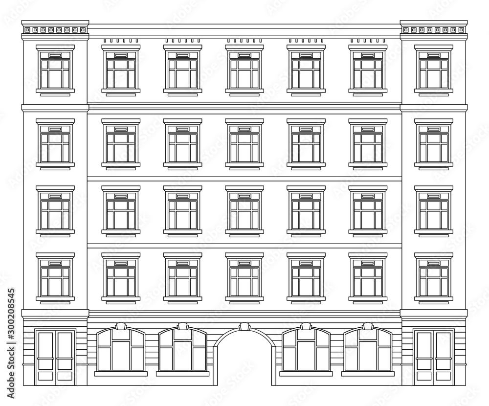 Detail front view house facade building outline contour with shop street panorama, windows, doors and pillars. Vector line art illustration isolated on white