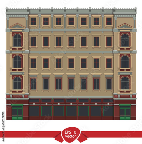 Detail front view house facade building outline contour with shop street panorama, windows, doors and pillars. Vector line art illustration isolated on white