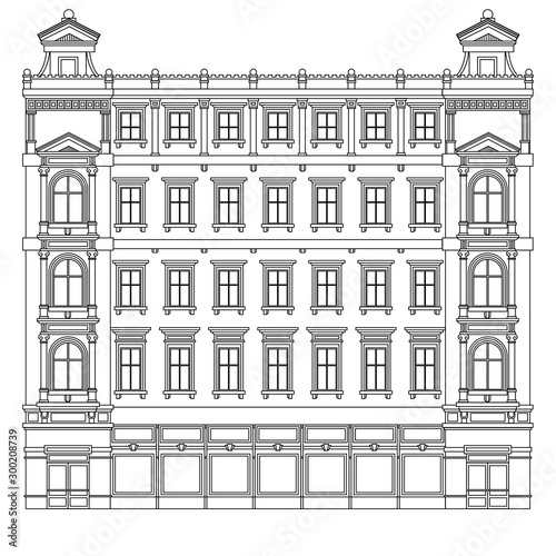 Detail front view house facade building outline contour with shop street panorama, windows, doors and pillars. Vector line art illustration isolated on white