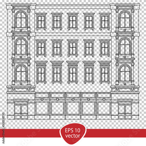 Detail front view house facade building outline contour with shop street panorama, windows, doors and pillars. Vector line art illustration isolated on white