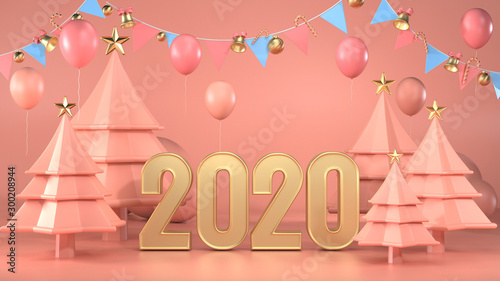 3d render image of Text 2020 decerate with christmas tree photo