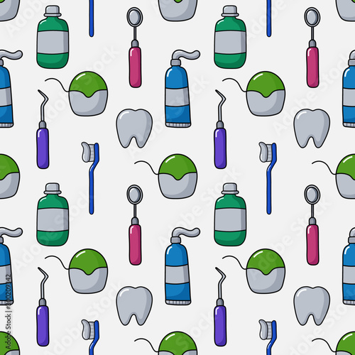 cute funny dentist equipment icons seamless pattern. cartoon style. isolated on white background. vector illustration.