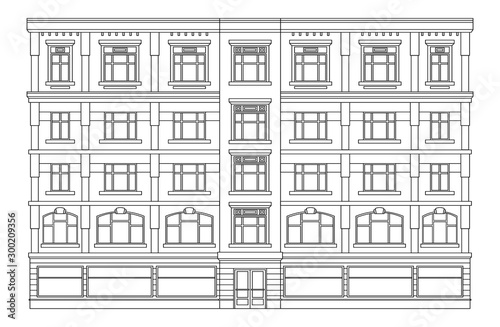 Detail front view house facade building outline contour with shop street panorama, windows, doors and pillars. Vector line art illustration isolated on white