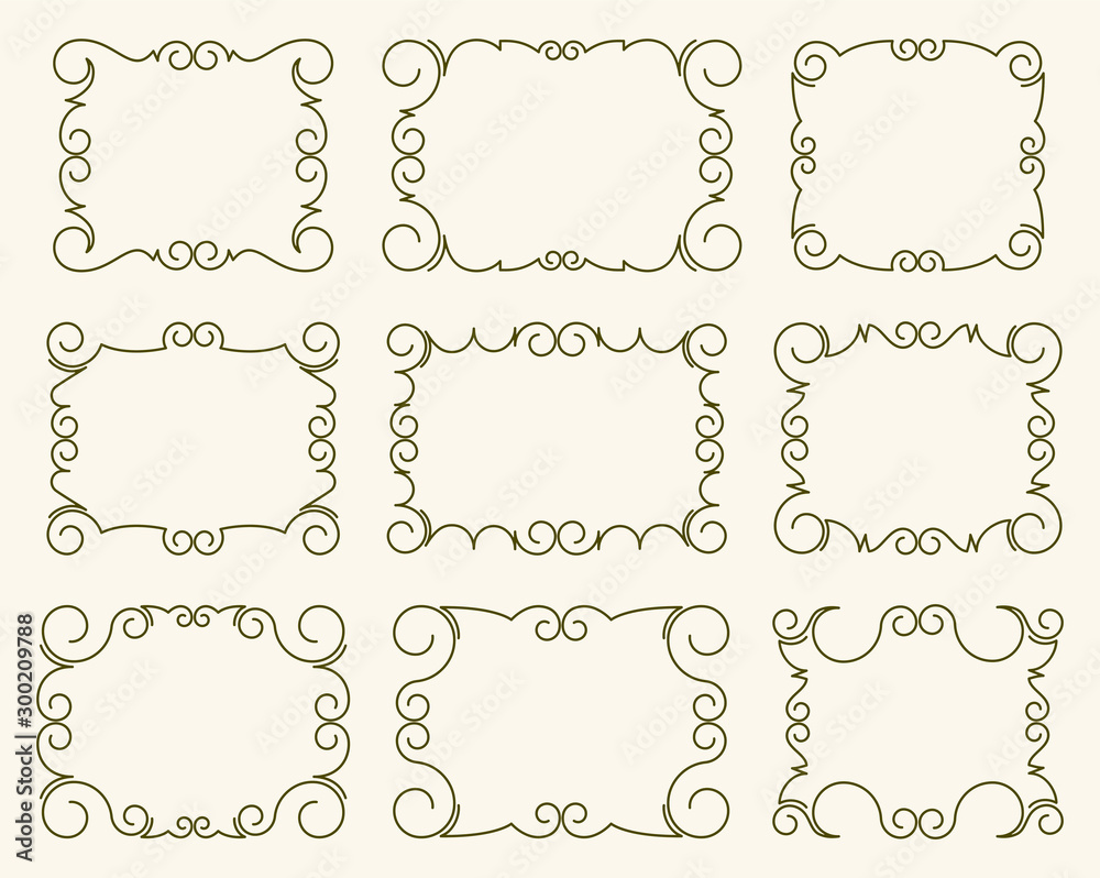 Set of nine elegant very simple, but stylish calligraphy vector frames for your design. Set of nine elegant very simple, but stylish calligraphy vector frames for your design.