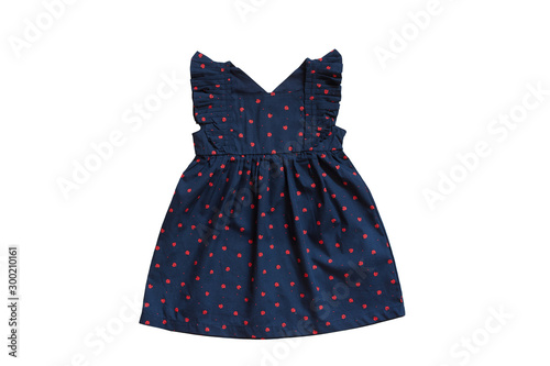 Girls dress, dark navy color with pink bugs design, kids cotton clothes isolated on white background