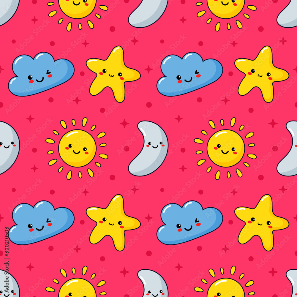 seamless pattern stars, moon, sun and clouds. kawaii wallpaper on pink background. baby cute pastel colors. vector Illustration.