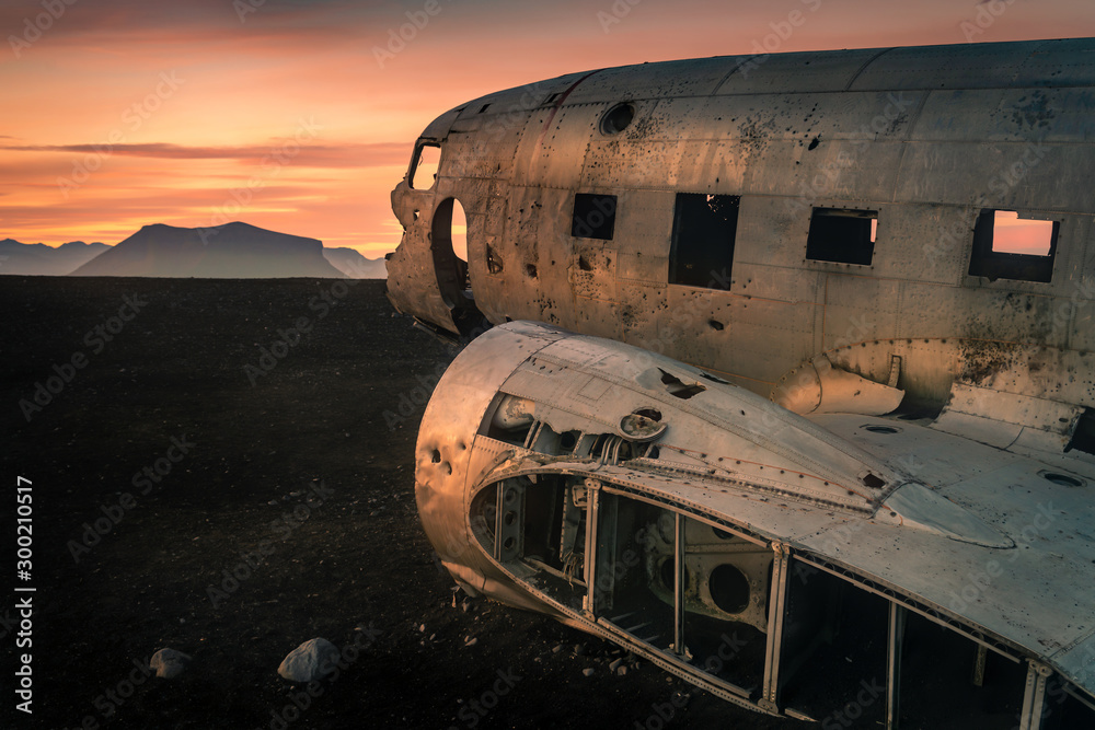 Plane wreck in black sand beach in Iceland
