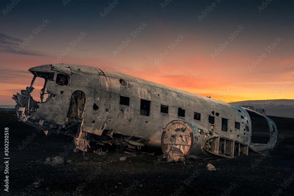 Airplane wreck in black sand beach in Iceland