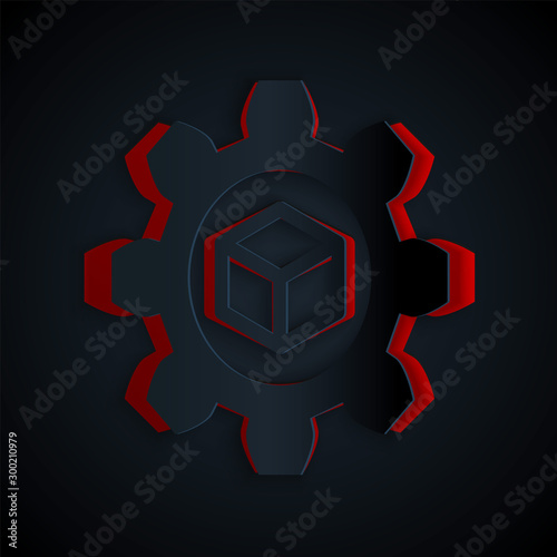 Paper cut Product development icon isolated on black background. Gear and cube. Product development symbol design from Startup collection. Paper art style. Vector Illustration