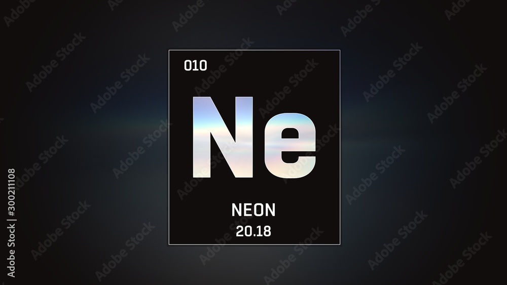 3D illustration of Neon as Element 10 of the Periodic Table. Grey illuminated atom design background with orbiting electrons. Design shows name, atomic weight and element number 3D illustration of Neon as Element 10 of the Periodic Table. Grey illuminated atom design background with orbiting electrons. Design shows name, atomic weight and element number