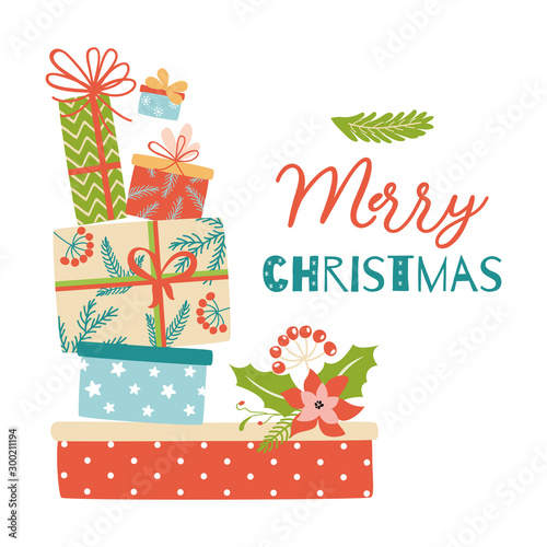 Gifts stack Christmas postcard pile of gifts. Heap presents Many gift box Christmas large pile christmas presents vector
