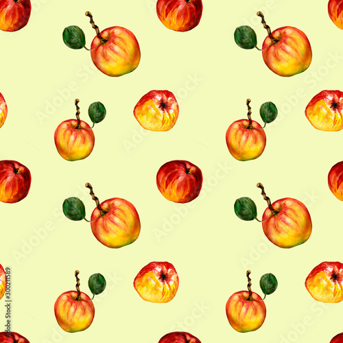 Fototapeta Naklejka Na Ścianę i Meble -  Seamless background, watercolor, ripe apples isolated colored background . Endless fruity texture for elegant decoration and seasonal design