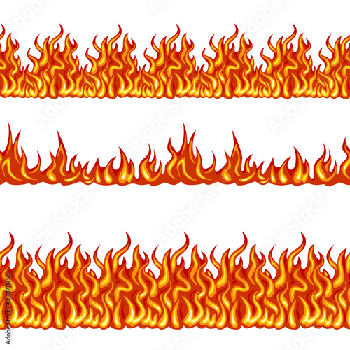 Fire seamless pattern. Set of vector illustrations with bright flame border isolated on white background. Simple flat style.
