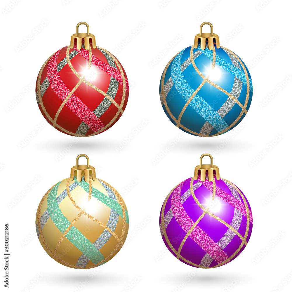 Decorative Christmas balls with glitter. Set of bright christmas decorations  in different colors. Isolated white background. vector de Stock | Adobe  Stock