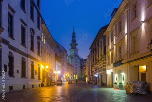 Image of night streets of Bratislava with Michael Gate