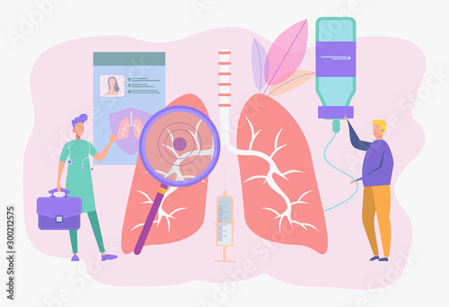 The concept of examination and treatment of respiratory organs. Checking the organs of internal organs for the presence of diseases, diseases or problems. . Colorful vector illustration