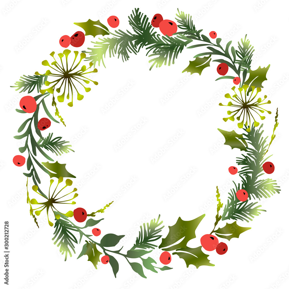 Decorative Christmas wreath with mistletoe leaves, fir branches and holly berries. Vector illustration.