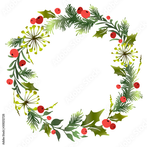 Fototapeta Naklejka Na Ścianę i Meble -  Decorative Christmas wreath with mistletoe leaves, fir branches and holly berries. Vector illustration.