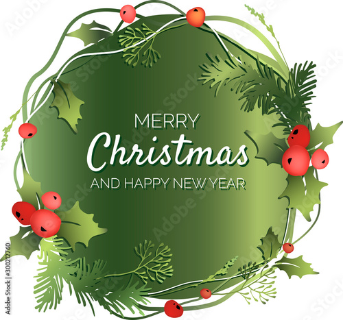 Decorative Christmas banner with mistletoe leaves, fir branches and holly berries. Vector illustration.