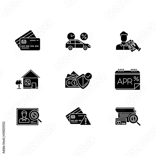 Credit glyph icons set. Annual percentage rate report. Plastic credit card. Insurance program. Home, car loan. Creditworthiness. Borrow cash, money. Silhouette symbols. Vector isolated illustration