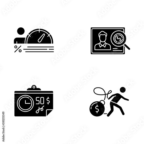 Credit glyph icons set. Personal creditworthiness report. Bunkrapcy risk. Credit score. Paycheck, bill, tax sheet with price. Heavy credit card debt. Silhouette symbols. Vector isolated illustration