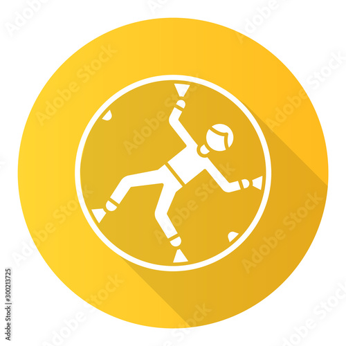 Zorbing yellow flat design long shadow glyph icon. Globe-riding, orbing. Person in transparent non-harnessed orb. Human rolling inside giant sphere. Extreme sport. Vector silhouette illustration photo