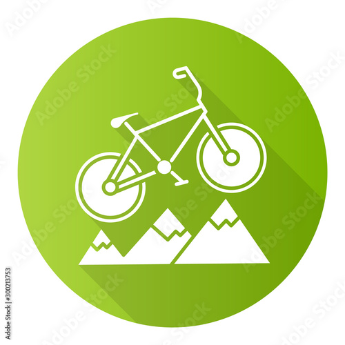 Mountain cycling green flat design long shadow glyph icon. Cross-country, downhill biking. Outdoor sporting activity. Riding over rough terrain. Extreme sport. Vector silhouette illustration