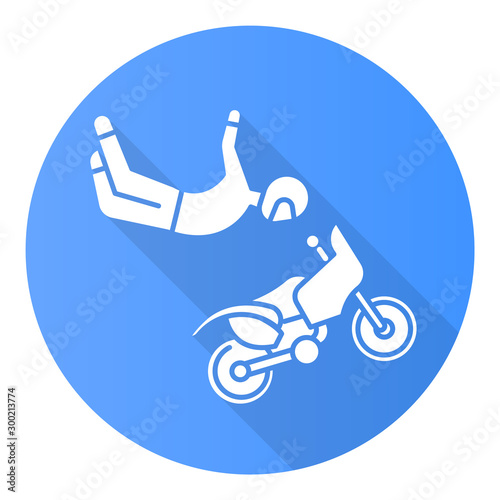 Freestyle motocross blue flat design long shadow glyph icon. Motorcycle stunt riding. Person performing motorcycling air stunt. Extreme sport. Vector silhouette illustration