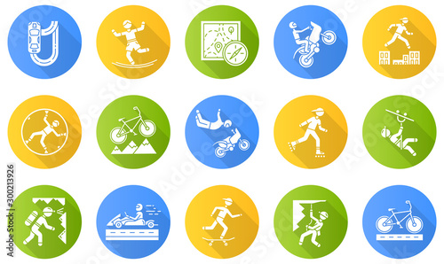 Extreme sports flat design long shadow glyph icons set. Mountaineering. Spelunking. Cycling, rollerskating. Motorcar racing. Street culture. Orienteering skill. Vector silhouette illustrations