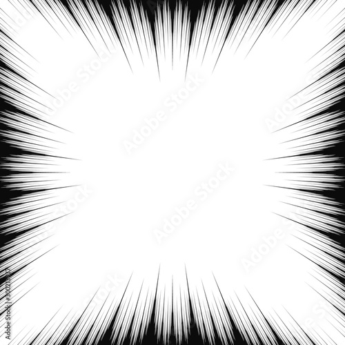 Cartoon template Black and White abstract manga frame, line background, radial speed superhero action, flash comic book vector illustration element. Surprise scene. Circular starbust explosion texture photo