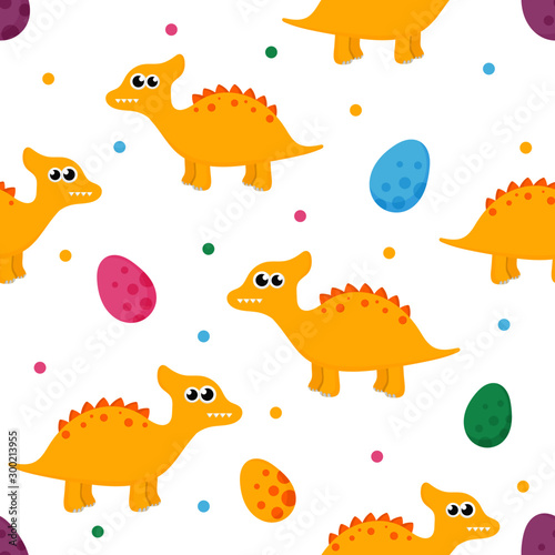 seamless pattern with cartoon cute dinosaur and eggs for kids. animal on white background. vector illustration. 