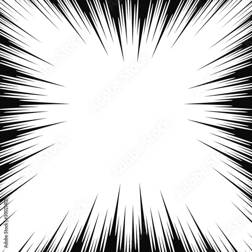 Cartoon template Black and White abstract manga frame, line background, radial speed superhero action, flash comic book vector illustration element. Surprise scene. Circular starbust explosion texture